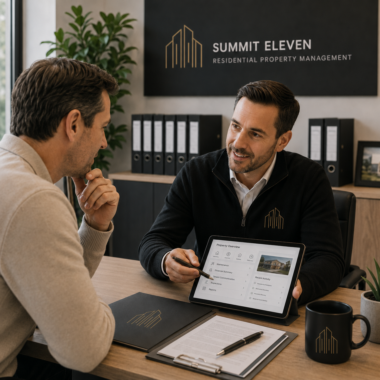 Property manager consulting with owner